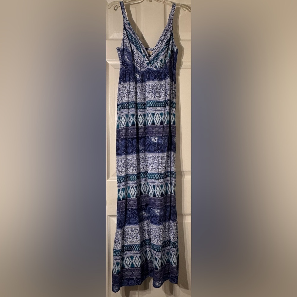 Faded Glory Blue Teal Striped V-Neck Maxi Dress